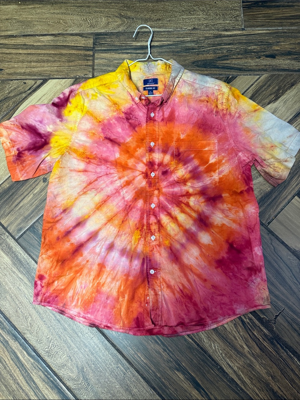 Classic Fit Tie-Dye Button-Up Shirt in Yellow, Orange & red
